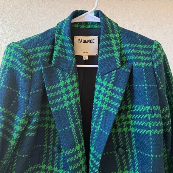 L'AGENCE Brooke Double Breasted Cropped Blazer in Jewel Green Multi Plaid Sz 4 - Picture 6 of 8